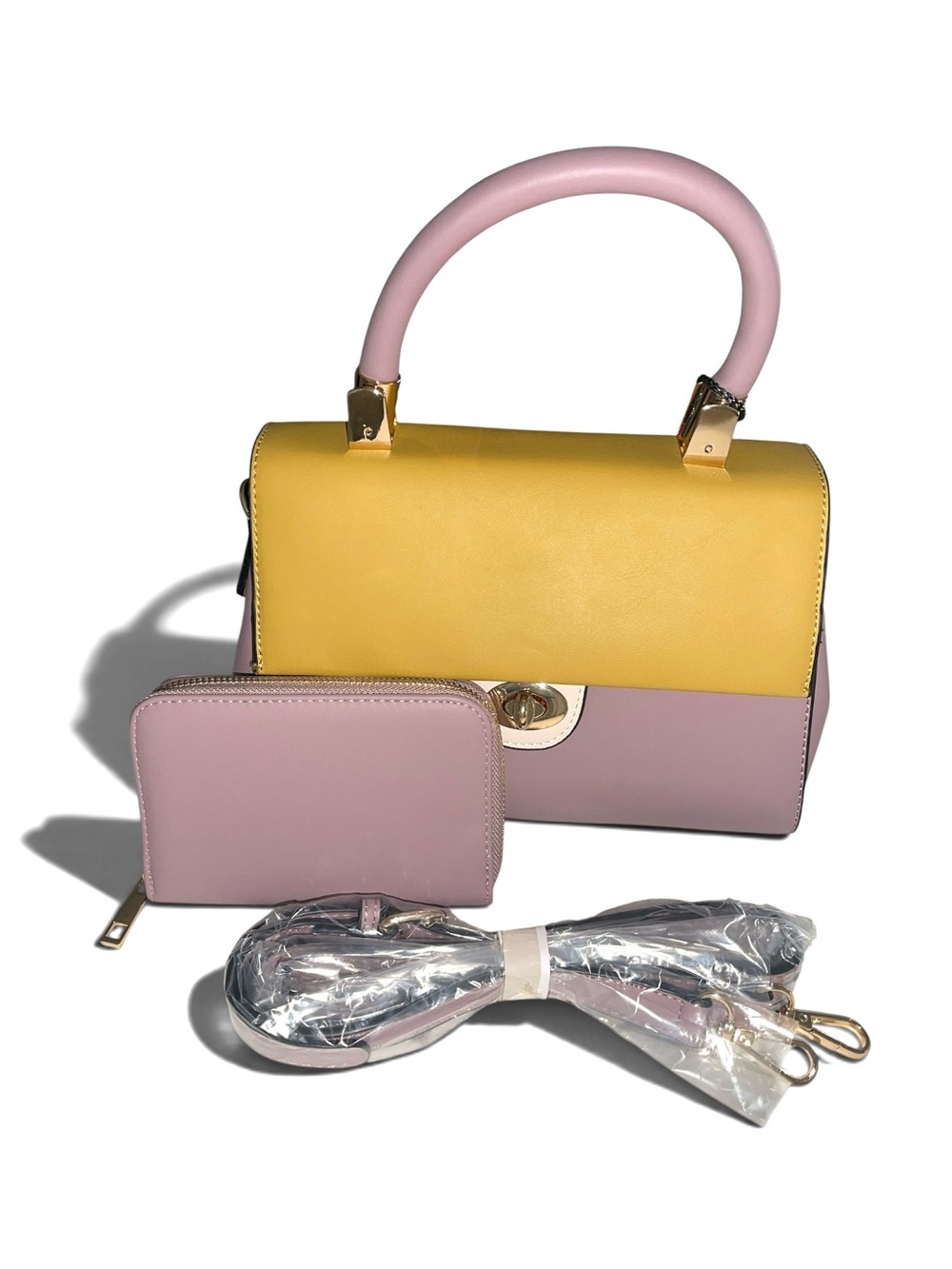 COLORBLOCK PINK MUSTARD SATCHEL & SMALL ZIP WALLET SET